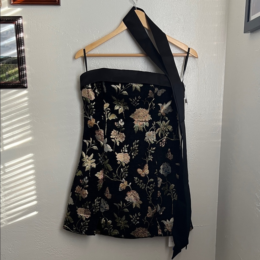 JACQUARD FLORAL BANDEAU A-LINE MINI DRESS WITH BOWKNOT SCARF CIDER